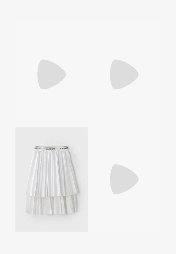 Valge lühikeste varrukatega polo särk, millel on nupuga kaelus, roheline ja kollane kaeluse aktsent ning külgedel võrgusilma detailid. LACOSTE logo on esindatud.; Valgest pleeditud seelikust, millel on tekstuurne disain ja kaubamärgiga elastne vöökoht. Materjalil on sile pind ja kihilised segmentide.; Sinised sametist tened, valgete triipudega ja "Gazelle" tekstiga. Omab kummist tallat ja tekstureeritud aktsente ülaosas. Klassikaline disain.; Must mustraga mustristiga kott ümmarguse ülaosaga, külgseamade ja kahe põimitud käepidemega. Omab tekstuurset mustrit ja avarat sisemust.