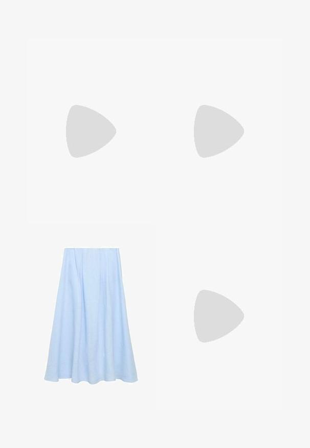 Keltainen ribbikuvioinen crop-top, jossa on solmittu etuosa ja säädettävät tuplahihnat. Ominaisuuksiin kuuluu istuva muotoilu ja pehmeä rakenne.; Knee-length A-linjainen hame, joka on vaaleansinistä pellavaa, jossa on poimutuksia ja sileä rakenne ilman kuvioita tai koristeita.; Vaaleansiniset nahkaiset lenkkarit, joissa on valkoiset raidat, litteät nauhat ja kumipohja. Raitalongat valkoiset sukat ovat käytössä nilkan yläpuolella.; COACH JET SHOULDER BAG - Käsilaukku - light yellow