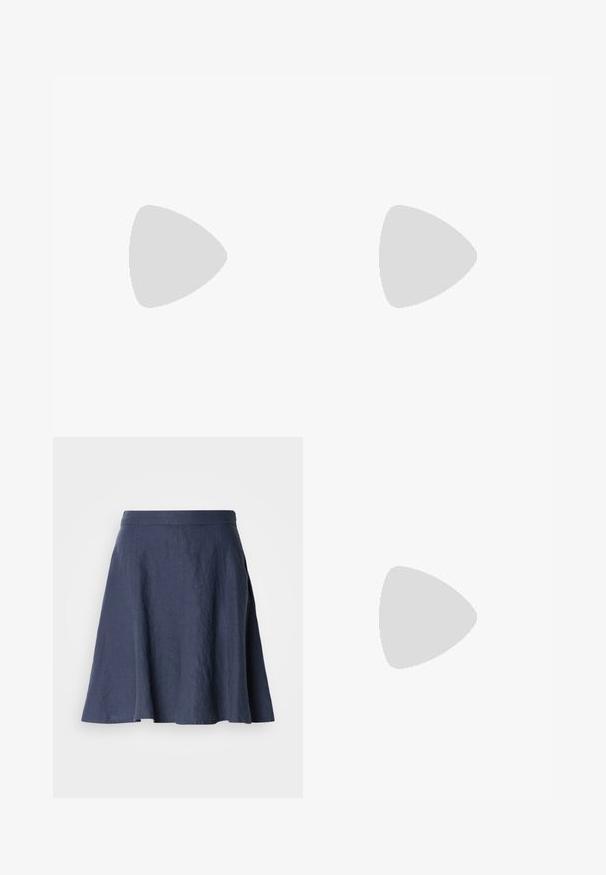 Short-sleeve lavender V-neck t-shirt made from soft fabric, featuring a smooth texture and simple design without patterns or embellishments.; Navy blue linen skirt with a flared design, lightweight texture, mid-length cut, and stitched detailing along the seams.; Black leather ankle boots with a round toe, lace-up front, and a thick rubber sole featuring a textured tread. Pull tab at the back.; Silver hoop earrings with a minimalist design. Circular shape, smooth texture, and thin profile. Lightweight with a polished finish.