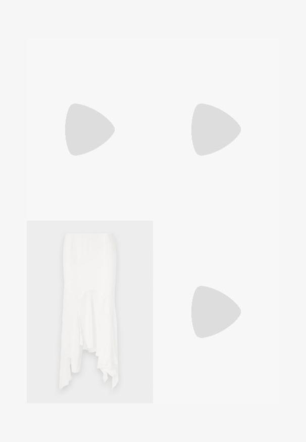 White sleeveless top with textured fabric, featuring horizontal stripe patterns. Adjustable straps and a round neckline with detailed stitching.; White asymmetrical skirt made of lightweight fabric, featuring ruffled edges and cut-out details, creating a flowing silhouette.; Black leather high-heeled mules with an open toe, pointed design, smooth texture, and a slim stiletto heel.; Python-print handbag in beige and black, featuring a structured shape, buckle detail, and dual shoulder straps.  Textured surface.