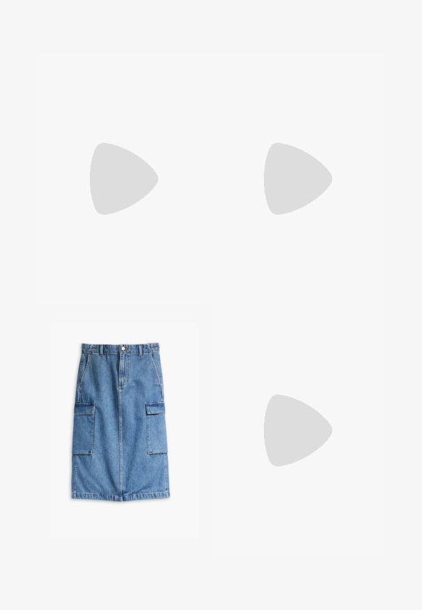 MSCH Copenhagen SMALL LOGO TEE - Basic T-shirt - white; Denim skirt in light blue, featuring two front pockets and double cargo pockets on the sides, with a straight, knee-length cut and front button closure.; Light grey sneaker made of suede and mesh, featuring three white stripes, round toe, and a gum rubber sole. Gold logo accent near laces.; Silver hoop earrings with a twisted design, featuring a polished finish and post-back closure. Measure approximately 3 cm in diameter.