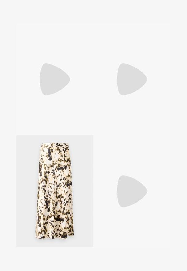 White top with a twist front design, cap sleeves, and smooth texture. Features a subtle V-neckline and gathered detail at the waist.; A knee-length skirt in a light fabric with a beige, brown, and green abstract pattern. Features a fitted waistband and flowing design.; Black patent leather slingback heels with a pointed toe, a rounded cutout design, and a block heel. Features a gold-tone buckle accent.; Brown faux leather shoulder bag with curved shape, minimal stitching, and a gold-tone hardware accent. Features a top zipper closure and adjustable strap.