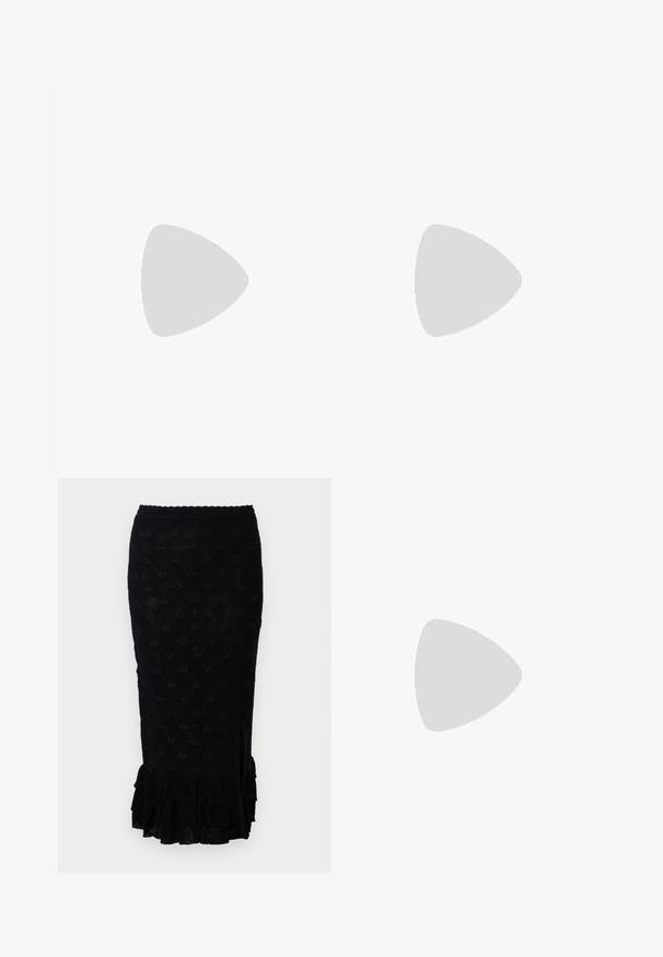 sandro Top - noir; sandro JUPE MIDI GRAND VOLANT BAS POINTELLE - Pencil skirt - noir; Black leather ballet flat with a rounded toe, smooth texture, minimal stitching detail, and a flexible sole design.; Black leather bucket bag with a textured finish, gold hardware accents, and an open top. Features a short handle and adjustable shoulder strap.