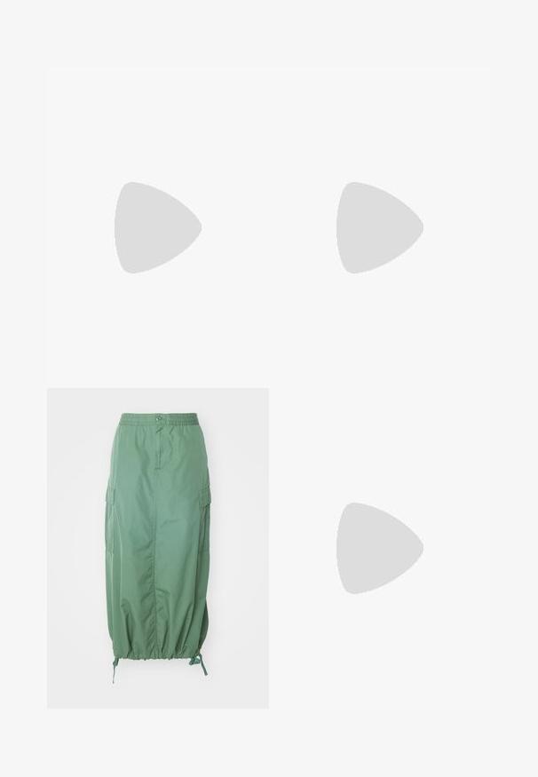 Black oversized t-shirt featuring a colorful graphic design with mountains, sun, and water elements. Text includes "Billabong World Tour 1973."; Carhartt WIP CARGO SKIRT - A-line skirt - duck green rinsed; White leather sneaker with beige suede accents, perforated toe box, flat laces, and a textured cream sole. Features subtle branding on heel.; Purple-tinted rectangular sunglasses with thin gold metal frame. Features clear nose pads and light purple plastic temple tips.