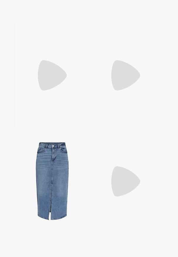 Ribbad linne i blekgul med V-ringning, med en skräddarsydd silhuett och mjuk textur. Vanliga axelband, ingen synlig hårdvara.; Denim midi kjol i ljusblått med en framslits, fem fickor, bältesöglor och ett knäppe i midjan. Klassisk passform och textur.; Beige slingbackklackar med spetsig tå och en låg, utsvängd klack. Tillverkade av slätt läder med en minimalistisk design och justerbar rem.; Gyllene metallskål med en slät, reflekterande yta och rundad, organisk form. Inga synliga mönster eller accenter.