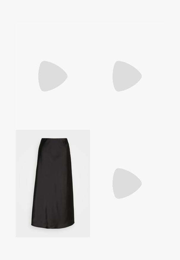 Mango ADELA - Top - off-white; Gonna midi nera in satin con una texture liscia, forma a linea A e una leggerissima lucentezza. Presenta un design elegante e semplice, senza decorazioni.; Scarpe da ginnastica in bianco e nero con un design elegante, suola in gomma, chiusura con lacci e tre strisce bianche sui lati.; Borsa in ecopelle color crema, morbida, con design arricciato, tracolla regolabile e chiusura a coulisse discreta. Texture liscia e forma arrotondata.