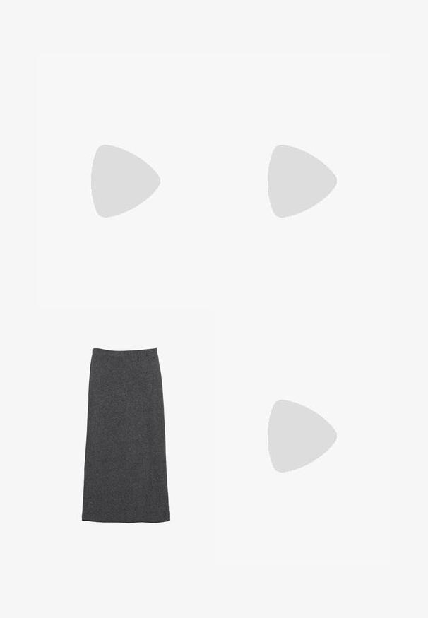 Tengerészkék kötött pólós pulóver csipke mintával, rövid ujjú, galléros nyakkal és három aranygombbal, fehér csíkozott részletekkel.; Szürke gyapjú maxi szoknya egyenes szabással és rugalmas derékkal, amely puha tapintású és sima felületű. Nincs látható minta vagy kiegészítő.; Burgundi színű, slingback magassarkú cipők hegyes orral és hálós felsőrésszel. Karcsú sarokkal és kivágott dizájnnal rendelkezik, amely elegáns sziluettet kölcsönöz.; Átlátszó műanyag napszemüveg szürke lencsékkel, téglalap alakú, a szárakon domború "Versace" logóval, bemutatva a modern dizájnt.; Burgundi bőr hobo táska ívelt fogantyúval és puha, texturált testtel. Záródása cipzáros, és minimális varrási részletekkel rendelkezik.