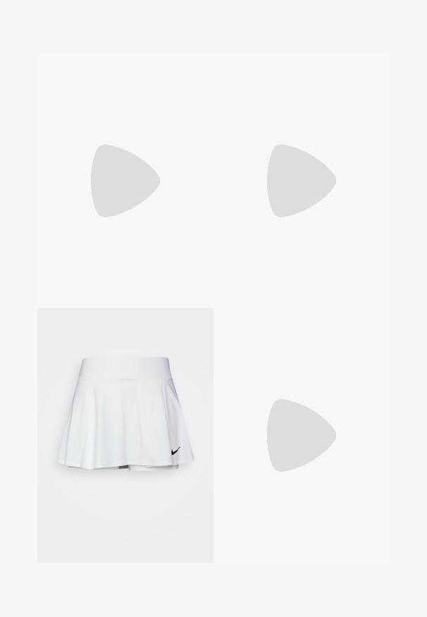 White short-sleeve polo shirt with a stand-up collar, half-zip front, textured fabric, and a small navy "CK" logo on the left chest.; White athletic skirt with a flared design, elastic waistband, and built-in shorts. Features a small black Nike logo on the bottom right.; White athletic shoes with a mesh upper, rubber sole, textured accents, and black heel tab. Features grey laces and a logo design.; Black velvet headband with a smooth, wide design alongside a matching black velvet scrunchie featuring a gathered texture.