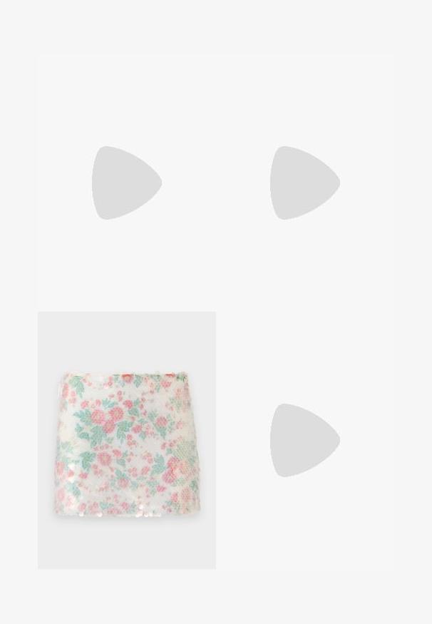 White camisole with thin straps, featuring red embroidered strawberries and a scalloped red trim along the neckline and hem.; Floral-patterned white fabric with pastel pink and green flowers, featuring a textured surface and subtle sequins along the bottom edge.; Red leather slingback heeled sandal with a pointed open toe design, thin strap across the foot, and a narrow stiletto heel.; Pink satin bag with a knotted top, featuring a smooth texture and a soft, rounded shape. Designed for a secure, gathered appearance.; Dangle earrings with three large square and rectangular red gemstones each, surrounded by smaller clear rhinestones in gold settings.