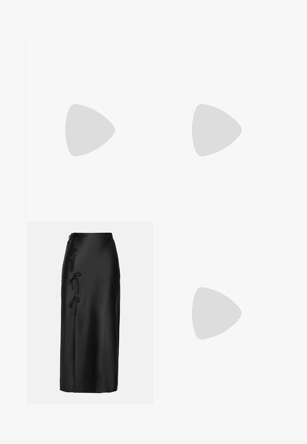 Witte top met één schouder, gemaakt van een gladde stof. Heeft een aansluitend ontwerp met een asymmetrische halslijn en een simpele zoom.; Anna Field MIDI SKIRT - Kokerrok - black; Geel gepatenteerd leren sandalen met hoge hakken, voorzien van twee voorste banden en een enkelband met een gesp. Slank, puntig hakontwerp.; Zwarte zonnebril met ovale, semi-randloze lenzen. Glanzende montuur en slanke armen. Donkergetinte lenzen met minimale hardwaredetails.; Zwarte getextureerde handtas met korte hengsels, voorzien van een gouden sluiting en accenten. Het ontwerp is gestructureerd, met een geometrische silhoeet.