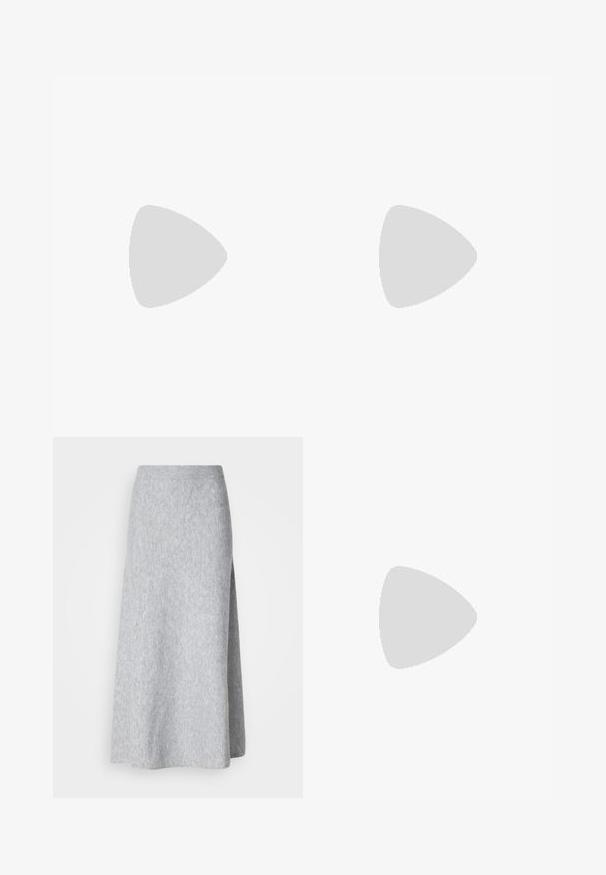 Light beige short-sleeve T-shirt made from soft fabric. Rounded neckline, relaxed fit, and a slightly longer back with side slits.; Light gray, soft knit midi skirt with a ribbed waistband and side slit, displayed on a white background.; Black leather loafer with a low heel, featuring a stitched design and slip-on style, set against a plain white background.; Brown leather tote bag with a smooth texture, open top design, and two shoulder straps. Features minimal stitching and no visible hardware.