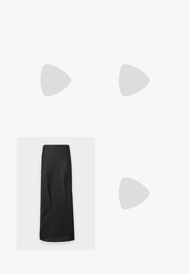 Schwarz langärmliges Shirt mit weitem Ausschnitt, aus weichem Stoff gefertigt, mit einer taillierten Passform und minimalen Nähten.; Schwarzer Maxirock aus glattem, leichtem Stoff. Verfügt über eine gerade Silhouette mit einem elastischen Bund und ohne sichtbare Muster oder Verzierungen.; Schwarzer Sportschuh aus Leder mit weißen Streifen, runder Spitze, flacher Sohle und Schnürverschluss. Besitzt Perforationen für Atmungsaktivität.; Goldfarbene rechteckige Armbanduhr mit Zifferblatt in Weiß, silbernen Stundenmarkierungen und einem strapazierfähigen Metallarmband. Wasserfest.