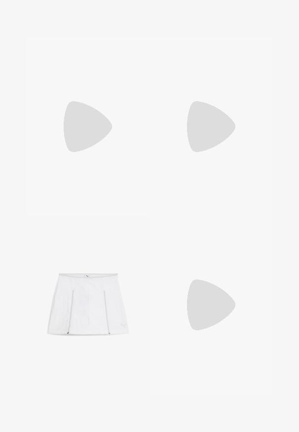 Grå cropped T-shirt med korte raglanærmer, blød tekstur og et lille logo trykt nær halsudskæringen. Rundet kant i bunden.; Hvid sports nederdel med en flad taljebånd, lynlåslommer på begge sider og et logo detaljeret i nederste højre hjørne. Glat, letvægts stof.; Hvide sportssko i mesh og syntetiske materialer, snørebåndsdesign, polstret krave og tekstureret sål for bedre greb. Letvægts konstruktion.; Hvid syntetisk håndtaske med en trekantet form, flad forsideklap og sløjfedetalje, justerbar strop, glat tekstur og minimalistisk design.