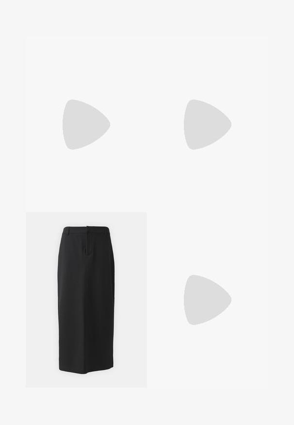 White sleeveless top featuring textured fabric with embroidered floral patterns, a rounded neckline, and button closure at the back.; Black pencil skirt, knee-length, made of smooth fabric. Features a back slit and side pockets, with a simple design and neutral color.; Black leather ankle boot with chunky, ridged sole, lace-up front, and pull tab on smooth white background.; Black textured leather handbag with silver studs along the top edge and handles, featuring a short handle and a detachable strap.; Gold hoop earrings with a smooth, shiny finish. Circular design featuring a small post and clear backing for secure wear.