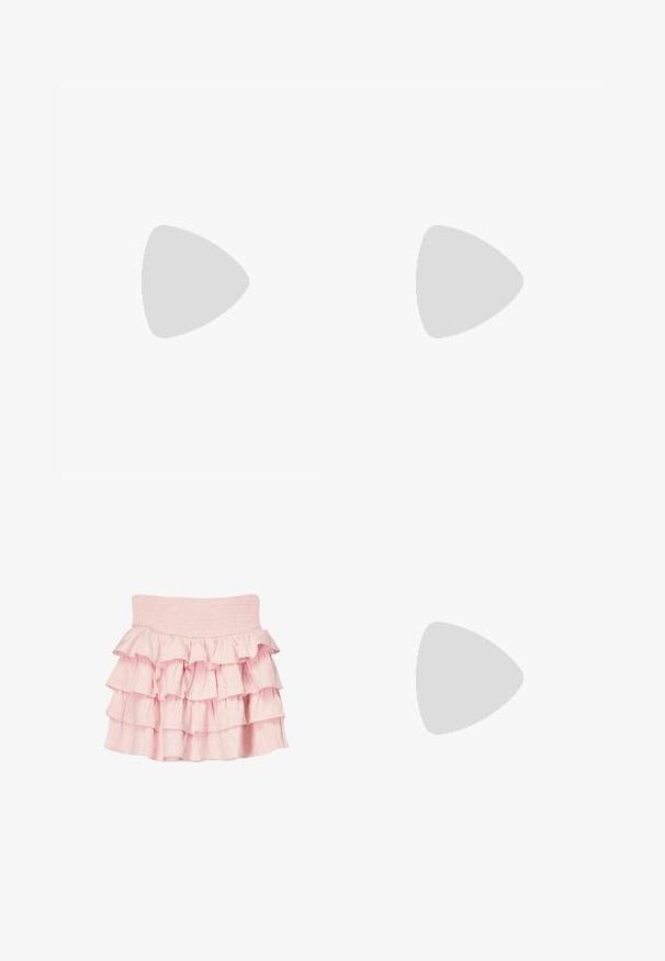 Nike Pro sports bra in teal featuring a ribbed texture, abstract pattern, and a contrasting light blue waistband with white branding.; Pink, tiered ruffle skirt made of soft fabric with an elastic waistband. Features three layers of flounced ruffles for added volume.; Beige slide sandals with an open toe, flat sole, and decorative metallic chain accents on the strap. Smooth material with minimal texture.; VOGUE Eyewear Sunglasses - black; Michael Kors wristlet in beige coated canvas featuring a repeating MK logo pattern, gold hardware, and a detachable chain strap.