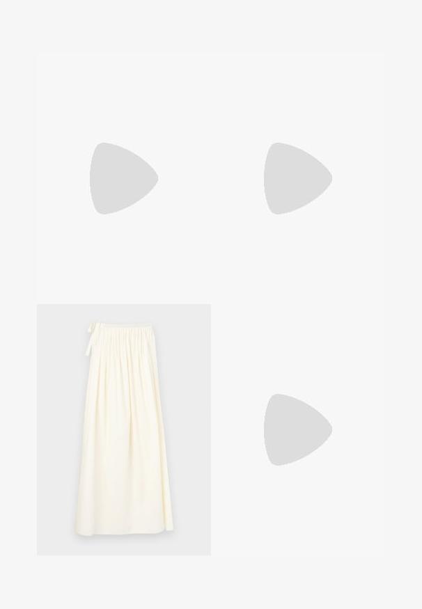 Black halter crop top with a high neckline, featuring white striped accents and 'MISBHV' logo, made from a smooth, stretchy fabric.; Long, cream-colored skirt made of lightweight fabric; features an elastic waistband with a tie and a flowing design with minimal texture.; Black leather slingback heel with a pointed toe, minimalist design, thin ankle strap, and a sleek stiletto heel. Smooth texture.; Navy leather handbag with two long handles, a buckle detail, and a keychain attached. Features a smooth texture and a rectangular shape.