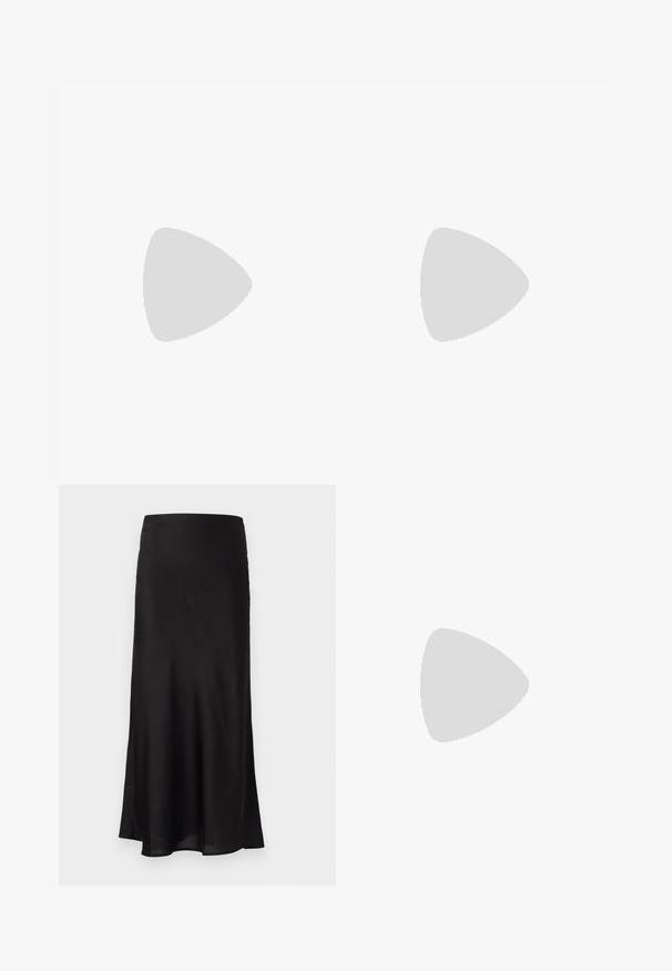 Black sleeveless turtleneck top made from a ribbed fabric, featuring a high neck and fitted silhouette. No patterns or accents.; Black satin maxi skirt with a smooth texture, slightly flared shape, and a subtle sheen. No visible hardware or embellishments.; Black patent leather slingback shoe with pointed toe, ankle straps featuring silver buckles and hardware, and a slender heel.; Gold metallic handbag with a structured design, smooth texture, and adjustable strap. Features a unique triangular shape and minimalist stitching.
