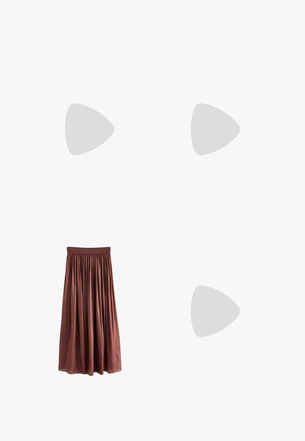 Sleeveless ribbed pink tank top with round neckline and raised textured "JJXX" logo embroidered on the chest.; Brown, knee-length skirt made of lightweight fabric with a textured finish. Features an elastic waistband and gathered pleats throughout.; Beige suede sneakers with light pink accents, textured rubber sole, and three pink stripes on the side. Rounded toe and lace-up design.; White woven leather handbag with a gold-tone handle, detachable shoulder strap, and rounded base. Features a zip closure on top.