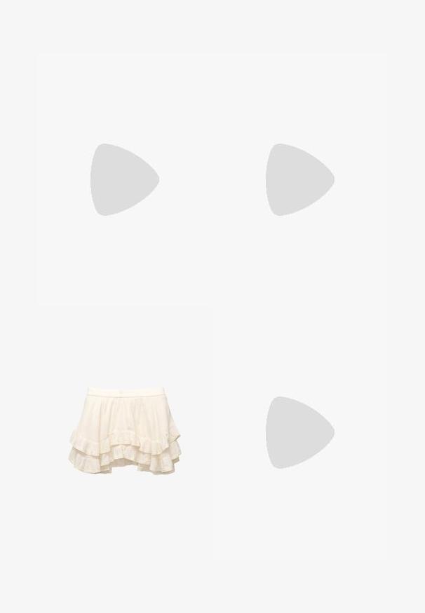 Camicia a maniche lunghe a righe verdi con una vestibilità morbida, dotata di colletto rosa e sottile dettaglio del logo sul davanti. Tessuto in misto cotone.; Mini gonna a strati crema realizzata in tessuto leggero, con strati arricciati e un bordo in pizzo lungo i lati. Vita elastica per una vestibilità ottimale.; Scarpa slip-on in suede rosa con accenti bianchi, suola in gomma e fasce elastiche. Presenta un design 'texture' e un piccolo logo sulla parte anteriore.; Occhiali da sole con una montatura gialla traslucida e lenti verde scuro. Design angolare con aste larghe, indossati con una camicia bianca con accenti verdi.; Borsa a tracolla colorata con perline, di forma rettangolare, con perline in tonalità pastello e una tracolla a catena. Accenti a forma di cuore molto distintivi.