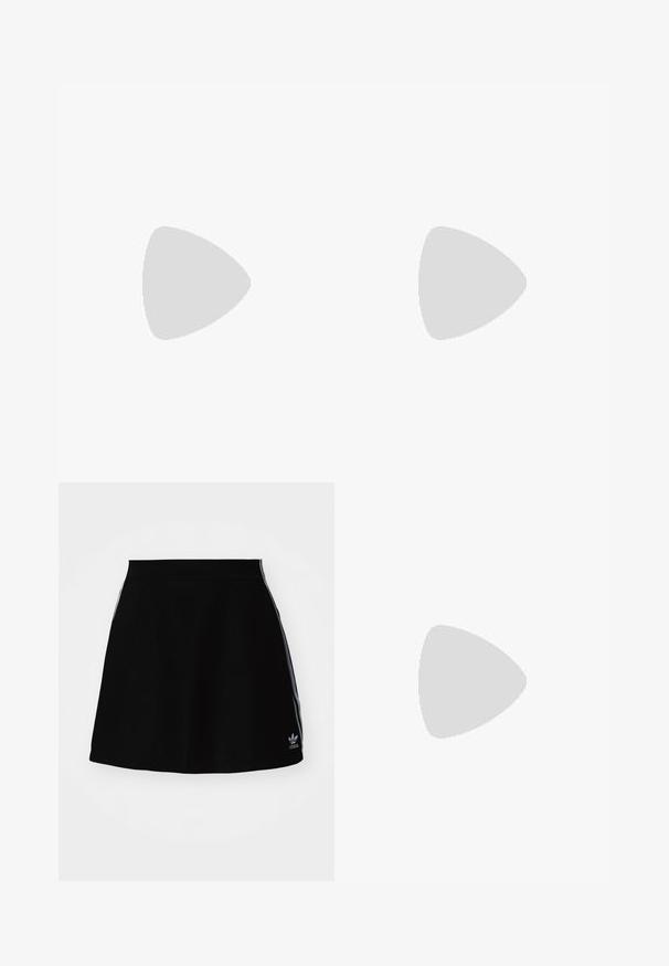 Raudonas trumpas marškinėlis, pagamintas iš blizgaus sintetinio pluošto, su baltais šoninių juostelių ir Adidas logotipu centre. Reguliuojamos špagetės petnešėlės.; Juoda sportinė sijonas su plazdančiu dizainu, turintis baltus šonuose juosteles ir išsiuvinėtą logotipą apačioje. Pagamintas iš lygaus, elastingo medžiagos.; Juodi sportiniai batai su tinkliniu viršumi, rožinėmis akcentais ir juodomis juostelėmis. Yra tekstūruotas padas ir logotipo etiketė ant kulno.; Aukso spalvos žiedo auskarai, ploni ir apvalūs, su lygiu metaliniu paviršiumi be papuošimų ar raštų.