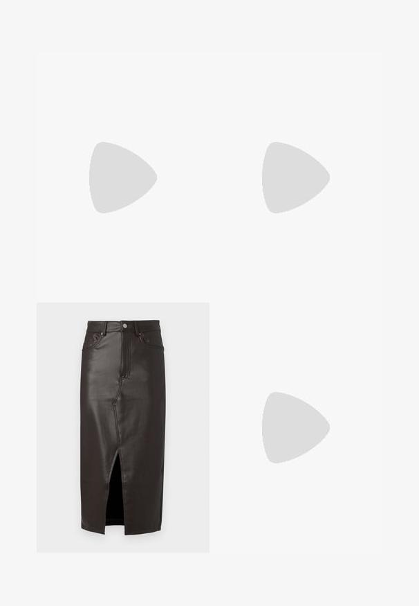 Mouwloos topje met een luipaardprint in tinten van bruin en zwart, vervaardigd van een gladde, lichte stof met een ronde halslijn.; Bruine leren midi-rok met een vooruitsnede, vijf-pocketontwerp en sluiting met metalen knoop. Zachte textuur en nauwsluitende pasvorm.; Zwarte leren slingback schoen met een puntige neus en een slanke, gebogen hak. Voorzien van een discrete verstelbare band met een metalen gesp.; Slangpatroon handtas met een gebogen handvat. Gemaakt van gestructureerde, beige en bruine materialen, met een kenmerkend ruitpatroon.