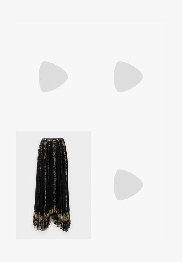 Fekete pamut rövid ujjú póló kerek nyakkal, finom logó részlettel az alsó előtt, és egyenes fazonú aljjal.; Fekete, pliszírozott szoknya arany és zöld árnyalatú virágos hímzéssel, díszes derékpánttal és hullámzó, aszimmetrikus szegéllyel.; Fekete bőr balettcipő lekerekített orral, sima tekstúrával, minimális varrással és rugalmas talp kialakítással.; Barna bőr kézitáska, hajtókás zárással, arany színű fém kiegészítőkkel, vállpánttal és sima felülettel. Kompakt téglalap alakú.