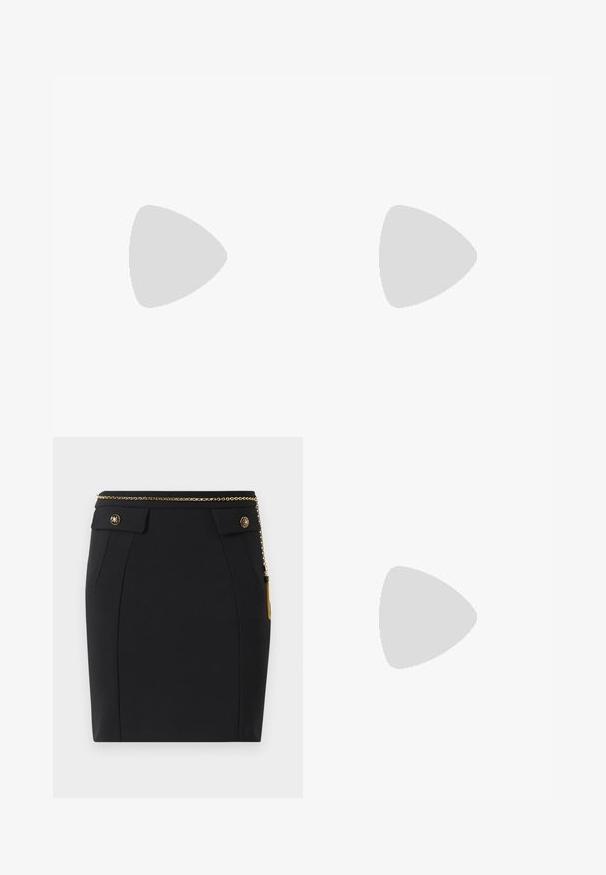White short-sleeve t-shirt made of cotton, featuring a central black logo band with the text "ELISABETTA FRANCHI" and geometric accents.; Black fitted skirt with front flap pockets, gold decorative buttons, and a thin gold chain belt with a tassel on the right side.; Black leather ankle boot with a pointed toe, high stiletto heel, fold-over cuff, and a gold decorative buckle detail on the ankle.; Black leather handbag with a structured design, featuring a cropped shape, top handle, and gold hardware accent. Adjustable shoulder strap included.