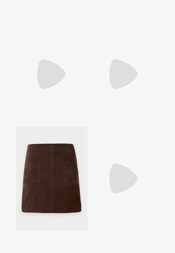 Brown knit tank top with a ribbed texture, featuring a geometric pattern, wide shoulder straps, and a fitted silhouette.; Brown suede skirt featuring a classic A-line shape, two front pockets with rounded flaps, and subtle stitching details.; Brown suede loafer with a round toe, featuring a ribbed platform sole and a decorative strap across the upper.; Brown leather handbag with a flap closure, gold-tone hardware, a shoulder strap, and a smooth texture. Compact rectangular shape.