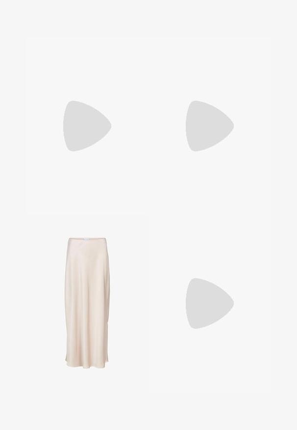 Black long-sleeve bodysuit made of stretchy fabric. Features a round neck and a thong bottom design with seamless edges for comfort.; Light beige maxi skirt made of soft, smooth fabric. Features a simple, flowing design with a slightly flared hem and no visible embellishments.; Black patent leather slingback heels with a pointed toe and a geometric block heel. Features a sleek, minimal design and smooth texture.; Black leather handbag with a curved shape, detachable strap, and gold hardware. The bag features a flap with a buckle detail.