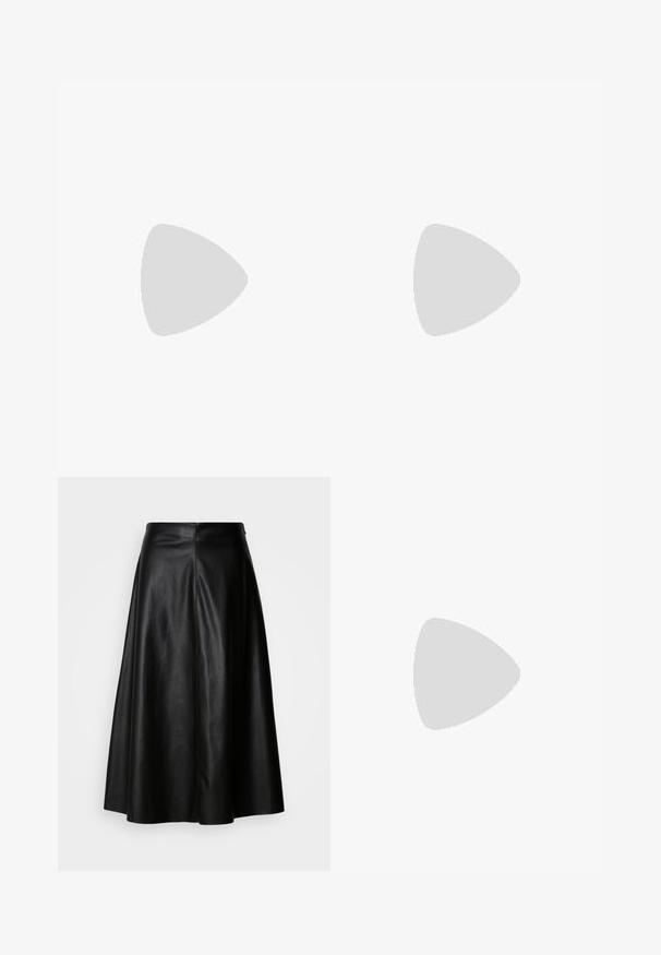 Short-sleeve v-neck t-shirt in teal blue, made of lightweight fabric with a textured finish, featuring a clean hem and relaxed fit.; Black leather skirt with a flared design, knee-length, featuring a smooth texture and a clean, seam-structured back for a tailored look.; Black leather ankle boots with a pointed toe, chunky square heel, and sleek design. Features elastic side panels for easy wear.; Silver hoop earring with a polished finish, featuring small gold accent details and a round shape, worn on the lobe.