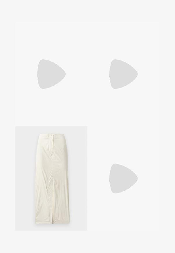 Sleeveless top in dark gray, featuring a high collar, clean lines, and a smooth texture. Simple design without patterns or embellishments.; Light beige, knee-length skirt made of smooth, textured fabric. Features a front slit and a button closure at the waist.; Black leather ballet flat with a rounded toe, smooth texture, minimal stitching detail, and a flexible sole design.; Black leather handbag with a curved shape, featuring a decorative design on the front, a short strap, and gold-tone hardware accents.