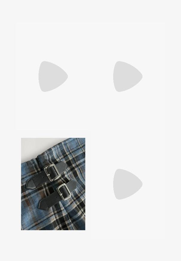 Rövid ujjú, bordázott fehér anyagú felső, fekete, kék, rózsaszín, piros és zöld vízszintes csíkokkal. Férfi nyakú, szabott fazonban.; Kockás textil kék, barna és fekete színekben, két fekete műbőr hevederrel, ezüst csatokkal a deréknál. Cipzár látható.; Barna bőrből készült, térdig érő, több csattal ellátott csizmák, kerek orral és alacsony, vastag sarkú kivitelben. Texturált felülettel és állítható pántokkal rendelkezik.; Fekete bőr, fonott válltáska lekerekített fogantyúval és hold alakú testéval egyszínű háttéren.