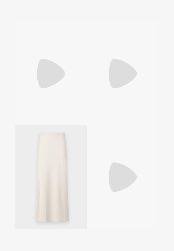 White short-sleeve t-shirt with a round neckline, made of cotton material, featuring a fitted silhouette and a black brand label inside the collar.; Cream-colored, midi-length skirt with a smooth, satin-like texture and a straight fit. No visible patterns or embellishments.; White flat shoe featuring a mesh design with a pointed toe and a low, flat sole. Textured upper with a smooth lining and subtle contrast trim.; Brown leather shoulder bag with a slouchy design, gold hardware, and contrasting white stitching, held by a person wearing denim clothing.