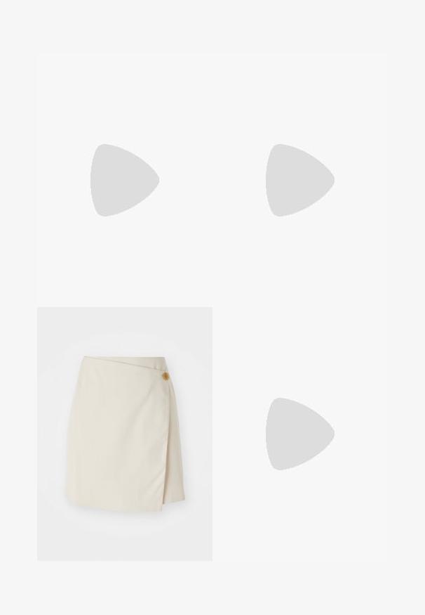 Black sleeveless top with a V-neck, featuring vertical stripes in red, white, blue, yellow, green, and brown; ribbed texture.; Beige wrap skirt featuring a side button closure, solid fabric, clean lines, and a smooth texture, designed for a fitted silhouette.; Black slingback flats with pointed toes, made of smooth material. Features white "LOVE MOSCHINO" branding and a minimalistic design.; Black leather shoulder bag with a wide strap, gold hardware, and two hanging tags embossed with "LOVE MOSCHINO" in gold letters.