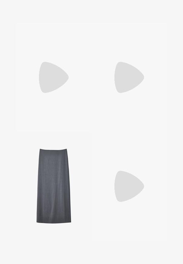 Black camisole with thin straps, made from soft fabric. Features a rounded neckline and a fitted silhouette, without any patterns or embellishments.; Gray straight skirt made of a textured fabric, featuring a mid-length design with a clean, simple silhouette and no visible fastenings.; Black leather slingback pump with a pointed toe, low heel, and a smooth texture. Features a thin adjustable strap for a secure fit.; Tortoiseshell sunglasses with a smooth, rounded rectangular frame and brown lenses. Features thin, curved arms with a glossy finish.