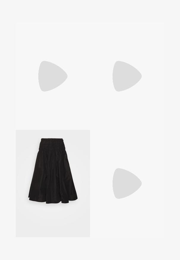 Débardeur sans manches gris avec un col arrondi, fabriqué dans un matière légèrement brillante, présentant une texture lisse et une coupe standard.; Maje JUNNALY - Jupe trapèze - noir; Chaussure slingback en cuir noir avec un bout pointu et un capuchon métallique doré. Présente un design découpé et un talon fin avec une sangle ajustable.; Maje MISS MINI - Sac bandoulière - noir