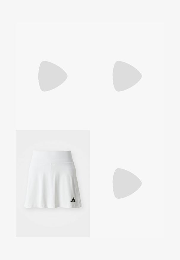 Zwart lang mouwen sportshirt gemaakt van rekbaar materiaal, met een ronde halslijn en logo-detail op de borst en zoom.; Witte sportrok met een zachte textuur, een uitlopende vorm en een zwart Adidas-logo op de linkeronderzijde. Gladde, elastische tailleband.; Witte sportschoen met zwarte diagonale strepen, bovenwerk van gaas, ronde neus en gestructureerde zool. Accenten zijn onder andere een zilveren hak en een minimalistisch ontwerp.; Duidelijke veiligheidsbril met een lichtgewicht, transparant montuur en grijze accenten. Bevat een rond lopend ontwerp en een verstelbare neuspiece.