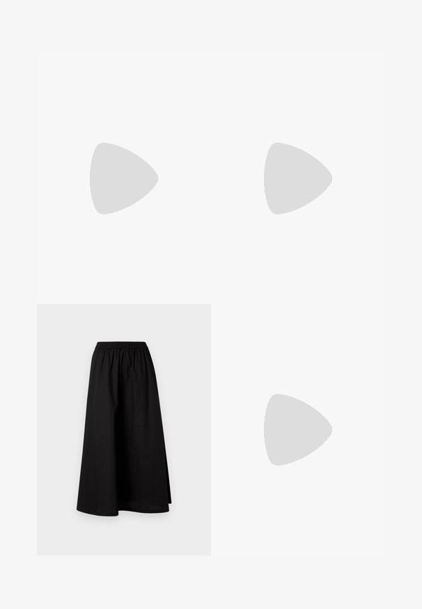 Mustat ja valkoiset raidalliset pitkähihainen polo-paita, jossa on litteä kaulus, suora helma ja pehmeä, teksturoitu kangas.; Mustaton, polvipituisen hameen valmistus kevyestä materiaalista, jossa on joustava vyötärö ja rento A-linjainen siluetti. Ei näy näkyviä kuvioita.; Valkoiset verkokengät, joissa on rakenteellinen muotoilu, Velcro-nauha ja leikattuja sivuja, teksturoitu kangas sekä paksu pohja.; Sinine vatitatud teksakott õlal, millel on kuldne ahel rihm ja silmapaistev kuldne logo esiosas. Kompaktne ristkülikukujuline vorm.