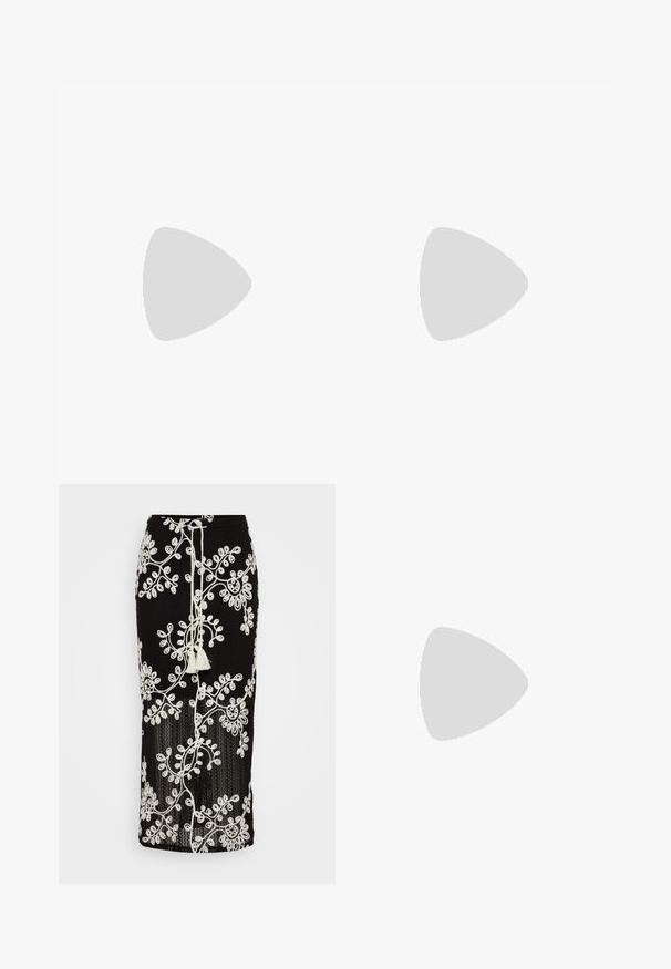 Top sin mangas blanco con un escote alto, hecho de material suave, que presenta un dobladillo recto y una pequeña etiqueta de logo roja en el costado.; Falda negra de punto con intrincados bordados florales en blanco, cordón ajustable con borlas y silueta ajustada.; Zapatilla deportiva blanca con parte superior de malla, acentos en azul marino y suela acolchada. Presenta el logo "N", cordones y detalle texturizado en el lateral.; Gafas de sol negras en forma ovalada con lentes oscuros y montura de plástico brillante. Presenta un logo dorado en la patilla, ofreciendo un diseño elegante y moderno.; Bolso de mano beige con un patrón y forma curva, acentos de cuero y un logo tono dorado en la parte frontal. Cuenta con un asa corta para un fácil transporte.; Collar de perlas y cristales con un diseño redondo y abalorado en tonos suaves, que presenta perlas alternadas y acentos brillantes, llevado alrededor del cuello.