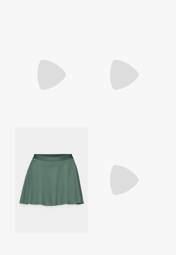 White short-sleeve t-shirt made from smooth cotton. Features a small black logo on the chest, crew neckline, and classic fit.; Green skater skirt made of smooth fabric, featuring a wide waistband and a flared design that creates a loose fit and subtle movement.; White athletic shoe with mesh upper, textured panels, and silver accents. Features a cushioned sole and round toe design.; Digital Casio watch with a black face, silver stainless steel band, rectangular case, and buttons for light, lap-reset, and mode adjustments.