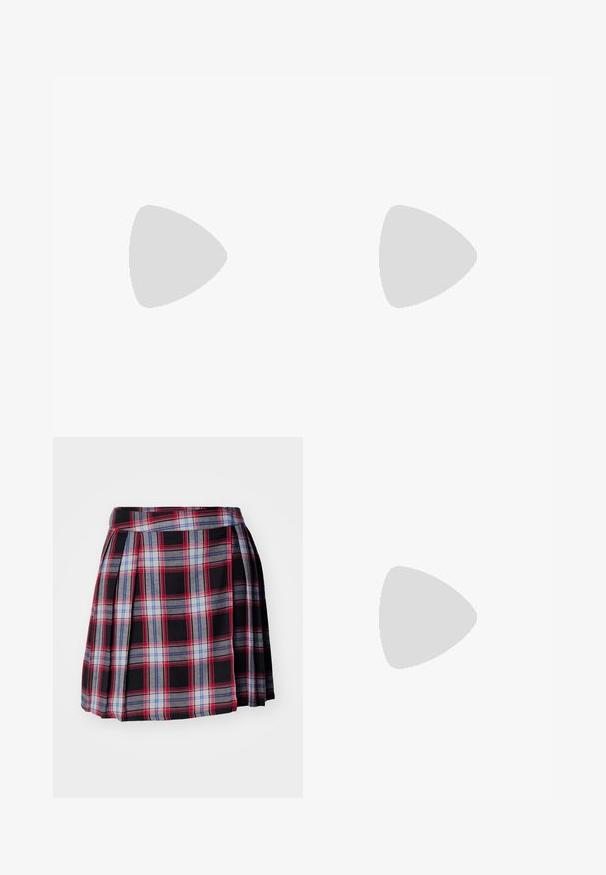 Black sleeveless top in soft, stretchy fabric with a tie detail at the neckline. Simple design with a fitted silhouette.; Black plaid skirt featuring red, blue, and gray check patterns, with pleats and a flat waistband for a structured fit. Soft fabric texture.; Gold ankle boots with a tapered toe and a black heel. Made of a shiny, smooth material, featuring a side zipper and stitched accents.; Gold-colored hoop earrings, thin and round in shape, with a smooth metallic finish and no embellishments or patterns.