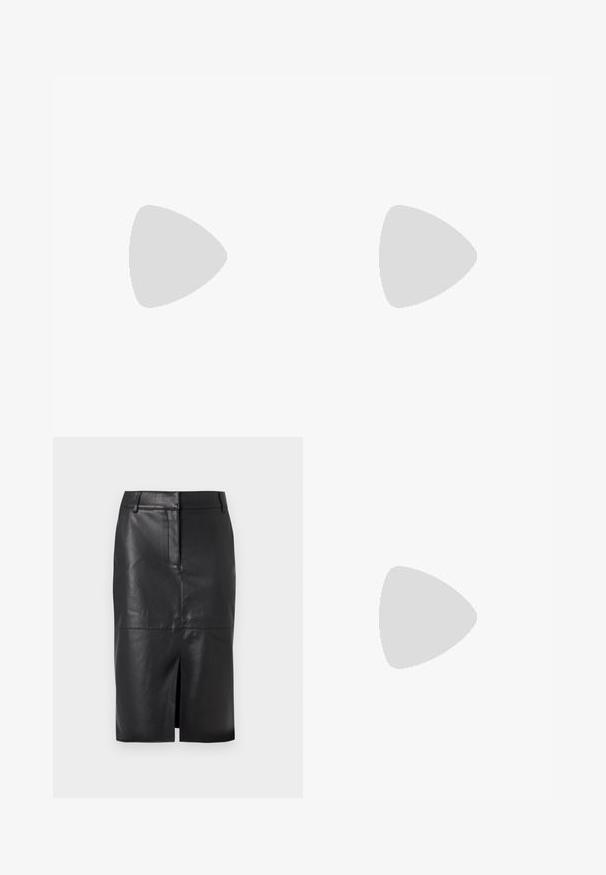 Two camisole tops are shown: one black and one white. Both have thin straps and a fitted design made from a smooth, stretchy fabric.; Black leather pencil skirt with a front slit, featuring a smooth texture, two side pockets, and a fitted silhouette.; Black leather slingback shoe with a pointed toe, two silver buckles, and a low block heel. Features a textured upper and open back.; Black faux leather handbag with a crocodile texture, cinched top, and a scrunched strap. Appears soft and compact in design.