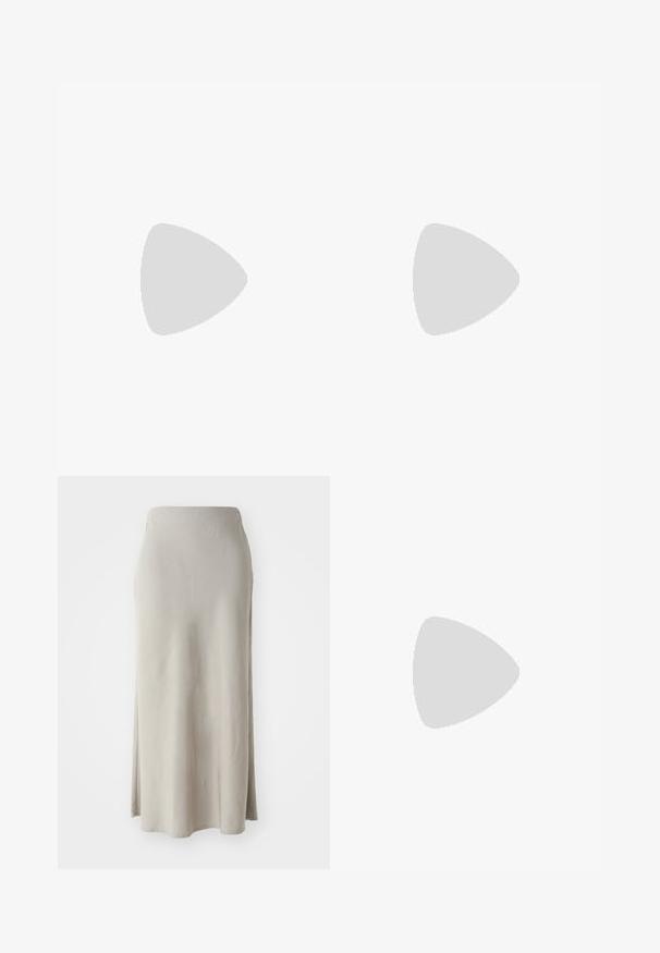 White ribbed crop top with long sleeves, deep V-neckline, and drawstring tie at the front. Soft texture with subtle patterning.; Beige midi skirt made of soft fabric, featuring a straight silhouette with a slight side slit for ease of movement.; Silver strappy sandals with a flat black sole, featuring thin metallic straps and an adjustable ankle buckle. Smooth texture throughout.; Green leather handbag with a structured shape and adjustable strap, paired with a beige midi skirt and silver strappy sandals.