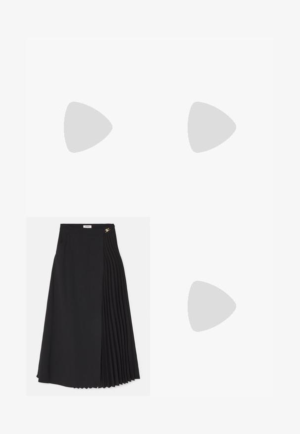 Zwarte cropped t-shirt van katoen, met een ronde halslijn, korte mouwen en een eenvoudig ontwerp zonder patronen of versieringen.; Zwarte midi-rok met een geplooid ontwerp aan één kant, gemaakt van lichtgewicht stof met een verborgen ritssluiting en zijzakken.; Zwart patent slingback hak met een spitse neus, voorzien van een gestructureerde slangenprint, verstelbare band en een korte, gestructureerde blokhak.; Zwarte leren schoudertas met twee vo pockets, gouden gespen, ritsluiting en een smalle band. Tekstuur oppervlak en compacte rechthoekige vorm.