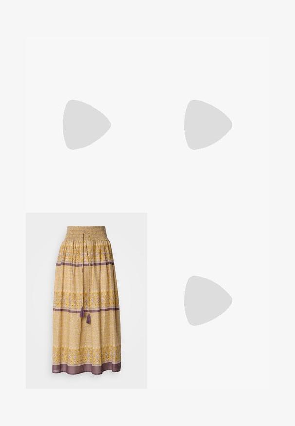 Black sleeveless top with a scoop neckline, featuring metallic flecks, decorative shoulder hardware, and a fitted silhouette.; Yellow maxi skirt with smocked waist, floral and geometric patterns in white and purple, featuring two purple tassels at the waist.; White leather sneaker with a smooth finish, beige suede accents, round toe, flat lace-up design, and a textured rubber sole.; Gold hoop earrings with a textured, irregular shape. Features a seamless closure and a polished surface finish, emphasizing a modern design.