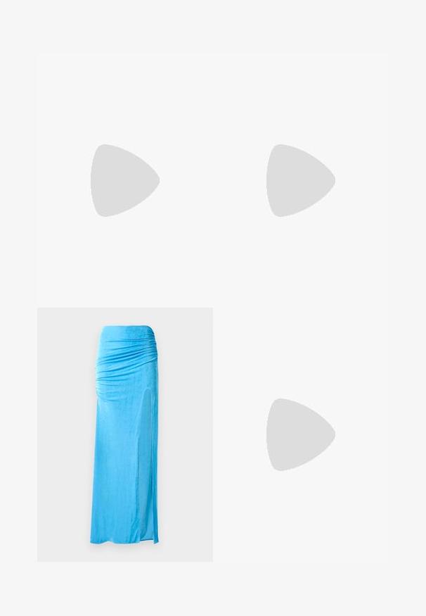 Blue sleeveless top made of soft, textured fabric. Features a high collar and asymmetrical design with gathered detailing on one side.; Blue velour maxi skirt with gathered detailing at the waist, featuring a side slit and smooth texture for a flowing silhouette.; Black pointed-toe high heel shoe with a crocodile-skin texture, featuring a sleek design, high stiletto heel, and smooth black interior.; Black quilted handbag with gold chain strap. Features gold logo detailing on front. Made of synthetic material with a rectangular shape.