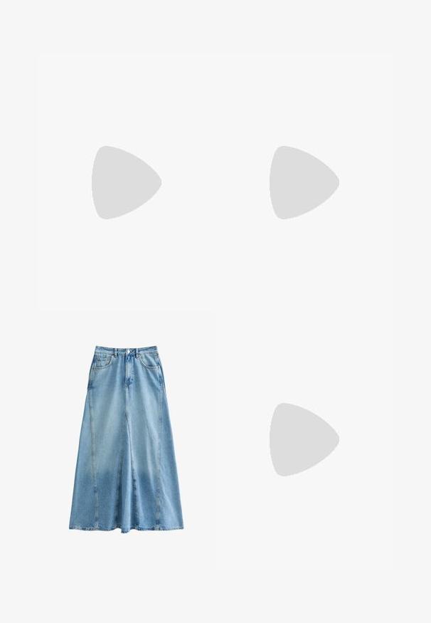 Biała, krótko-sleeve t-shirt wykonana z miękkiej bawełny. Okrągły dekolt, regularny krój, gładka faktura bez wzorów czy ozdób.; Jensowa spódnica w jasnoniebieskim kolorze, o rozkloszowanym fasonie, z dwoma przednimi kieszeniami i widocznym przeszyciem wzdłuż szwów. Swobodny i uniwersalny kształt.; Białe skórzane trampki z jasnoniebieskimi akcentami, szarym zamszowym noskiem i brązową gumową podeszwą. Posiadają trzy niebieskie paski oraz logo "Samba".; Czarne, oversize okulary przeciwsłoneczne z owalnymi soczewkami, gładkim plastikowym mostkiem i złotymi akcentami na zausznikach. Ciemne soczewki zapewniają ochronę przed słońcem.