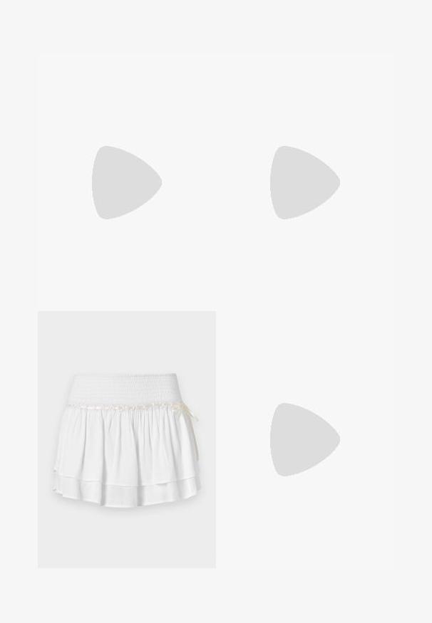White sleeveless top with a floral pattern in light blue, lace accents along the neckline, and a relaxed, gathered design.; White tiered skirt with an elastic waistband, featuring a textured smocking detail and a decorative ribbon accent. Cotton fabric.; Red suede sneaker with white three-stripe design and gold "Gazelle" text. Features a rubber gum sole and textured heel.; Gold-framed sunglasses with green oval lenses and thin metal arms. Features clear plastic tips on the arms for comfort.; Woven straw basket bag with brown leather accents, two handles, and a detachable strap. Curved shape with a sturdy base.