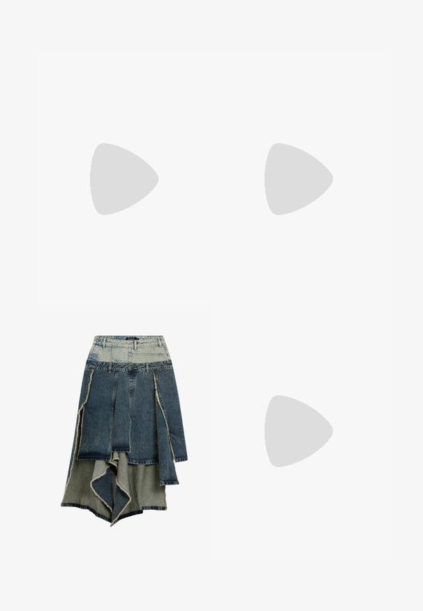 Világos sárga selyemtop, testhezálló felső résszel, ráncolt szoknyával és szalagpántokkal. A fronthálón textúra részletek láthatók.; Farmertartó szoknya foltvarrásos dizájnnal, változó kék és zöld árnyalatokkal, roncsolt szélekkel, aszimmetrikus alsó résszel és több panelből álló kialakítással.; Fekete szintetikus bőr térd fölé érő csizma hegyes nyitott orral és magas stiletto sarokkal. Texturált felsőrész és sima felület.; Fekete napszemüveg fényes műanyag kerettel, átmeneti szürke lencsékkel és ezüstszínű díszítéssel az oldalán. Nyúlánk, ívelt dizájn.; Desigual Kézitáska - black