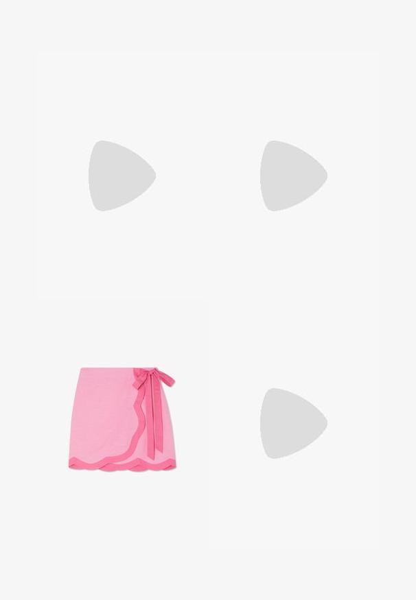 White sleeveless top with a deep V-neck and front tie detail. Made of smooth fabric with a structured, slim fit.; Pink linen wrap skirt with a scalloped hem, featuring a contrasting darker pink tie at the waist and smooth texture.; RAID ATHENA - Slippers - cream; White vegan leather handbag with curved design, featuring decorative lacing on the sides and a single shoulder strap.